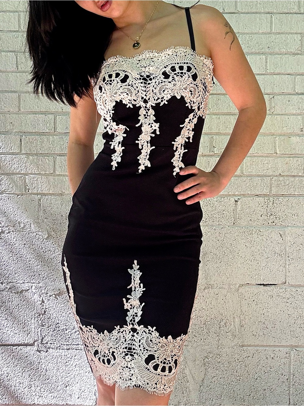 Haute Monde Black Bodycon Dress with White Lace Appliqué